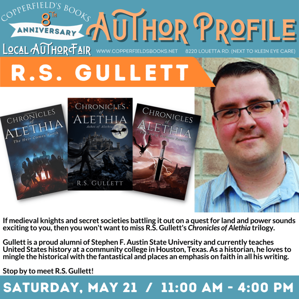 May be an image of 1 person and text that says 'COPPERFIELD'S INDIE AUT HOR 사으들서 BOOKS SATURDAY, MAY 21 -- 11:00AM GIFTS FOR BOOK LOVERS AIR 4:00 PM FREE DRINKS & SNACKS RAFFLE GIFTS & MORE! TICKET MEET AUTHORS! FREE SNACKS! RAFFLE PRIZES! 8220 LOUETTA RD. AT CHAMPIONS FOREST DR.'